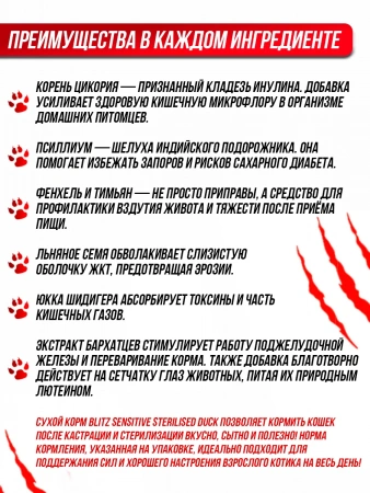 BLITZ сухой 400г Classic Sterilised Duck для стерилизованных кошек с уткой